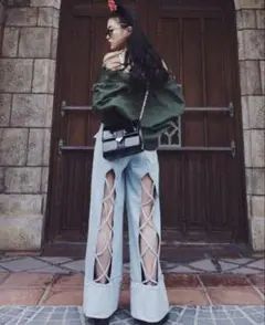 ENVYM デニムパンツ　クロスワイドパンツ　ブルー
