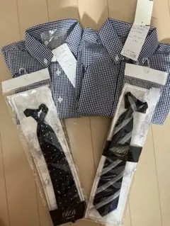 双子　ネイビー　長袖チェックシャツサイズ110 ネクタイ　2セット