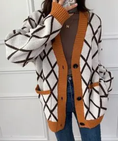 ECLIN カーディガン オーバーサイズチェック柄Vネックカーディガン