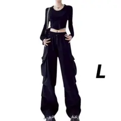 カーゴパンツ 　レディース　ワーク 　韓国 　ワイド　 黒 　ブラック　Ｌ　秋冬