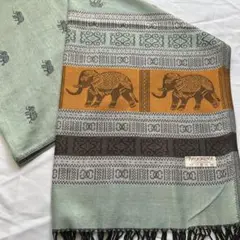 パシュミナ　ストール　pashmina ミントグリーン×グレー×オレンジ