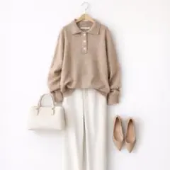 LB.01♡ニットポロ セーター 長袖 ベージュ 上品 F