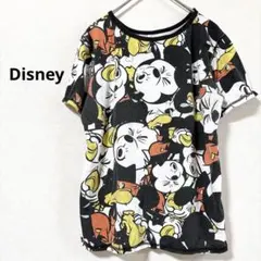 ディズニー Tシャツ クルーネック 半袖 総柄 L 黒 ポリエステル お出かけ