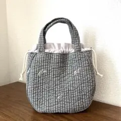 ハンドメイド　ラウンド型巾着ミニトートバッグ　ダークグレー　ヌビ生地