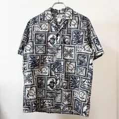 【美品】TWO PALMS ハワイ製 コットン アロハシャツ ブロック・ホヌ柄のサムネイル