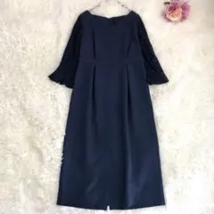 未使用タグ付き　Ray BEAMSレーススリーブ Vネック ワンピース　ネイビー