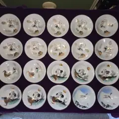 薄っぺらい盃 絵の中の鶴と亀12客、鶴亀6客、鳥2客