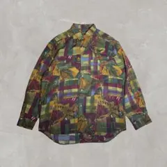 長袖 シャツ 総柄 チェック柄 アート柄 葉っぱ 昭和レトロ ヴィンテージ風