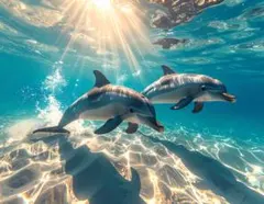 『水中のイルカの写真風　海　煌』　A4　グラフィックアート　インテリア　ポスター