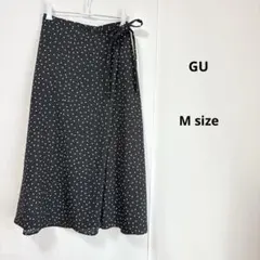 GU ジーユー　ドットフレアミディスカート　M ブラック　巻きスカート風