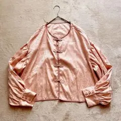 美品【JUNOAH】ジュノアジャガードチャイナルーズシャツ　ピンク　XL