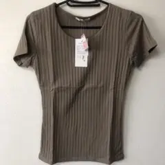 新品ベージュ リブ編み 半袖Tシャツ