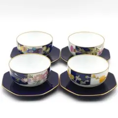 香蘭社 皇居の花 湯呑み 茶托付 4客セット 金彩 瑠璃色