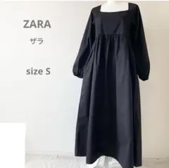 ZARA マキシ丈 スクエアネック ボリューム袖 ドレス 黒