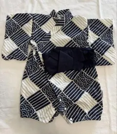 ベビー甚平＆浴衣 2点セット 紺色 市松模様 魚柄