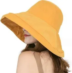 UVカット　帽子 レディースハット つば広帽子　あご紐取り外し可　イエロー