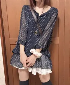 niceed ネイビー ドット柄 7分袖フリルチュニック 平成 ミニワンピ