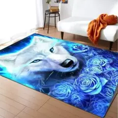 3D 立体デザイン バスマット 狼 青い薔薇 玄関マットのサムネイル