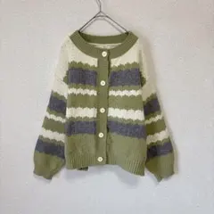 Alicedudu ボーダーニットカーディガン M グリーン系 ゆるだぼ