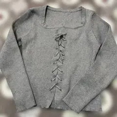 レディースグレー リブ編み 長袖セーターMサイズ