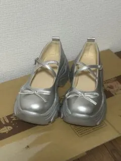 clear 厚底メリージェーンパンプス リボン シルバー