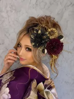 濃紺金市松扇子★金箔＆ロングかんざし★結婚式 成人式 和装 髪飾り セット 花魁 濃紺金市松扇子☆金箔＆ロングかんざし☆結婚式 成人式 和装 髪飾り