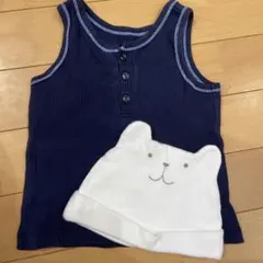 UNIQLOネイビー タンクトップ80 とクマ帽子 セットミトン　帽子