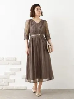 AIMER チュールレースVネック袖付きフレアドレス パーティードレス　結婚式