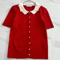 極美品✨22年 Rene ルネ 白襟 パールボタン♡ リブニット 赤　かわいい