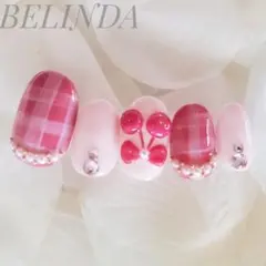 さくらんぼ フルーツ ギンガムチェック ピンク ビジュー ネイルチップ