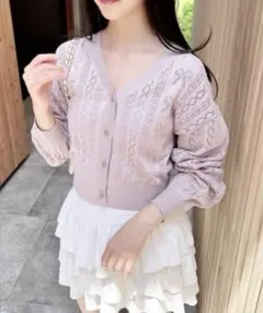 リボン柄パターンメッシュニットカーディガン