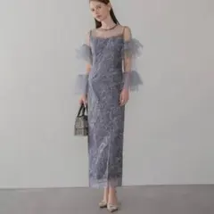 Leja フリルチュールスリーブレースIラインワンピースドレス