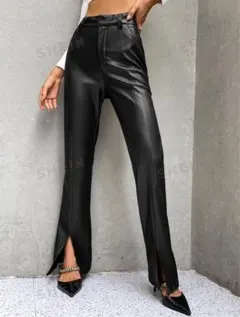 ハイウエストレザーフレアパンツブラック xs スリット