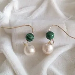 あこや真珠&天然石ピアス a-124