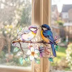 サンキャッチャー 青い鳥 小鳥 ペア 北欧風 ステンドグラス風