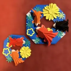 ❷立体金魚と姫向日葵のミニ大小セット リース2組　折り紙 壁面飾り　ハンドメイドのサムネイル