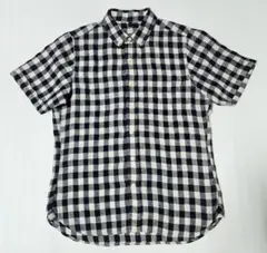 無印良品　リネン半袖シャツXS ブロックチェック　亜麻色×ネイビーのサムネイル