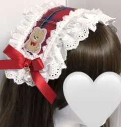 新作♡ 赤×白　ヘッドドレス　くま　幅広　レースアップ　ゴスロリ　チェック