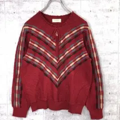 昭和レトロ 国産古着 フロントリボンジャガード ハーフジップ ニット セーター