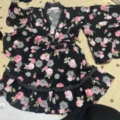 花柄黒色　浴衣ドレス 110cm