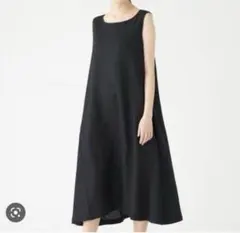 美品✨無印良品　フレンチリネン　洗いざらしノースリーブワンピース　ロング　黒　Ｌ