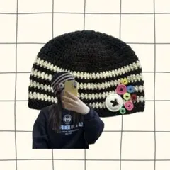 大きめ　ボタン　ビーニー　クラッシャーハット　クロシェハット　ハンドメイド