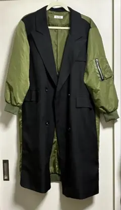 ブルゾン風ミリタリーコート モッズコート 黒×オリーブグリーン ロングコート