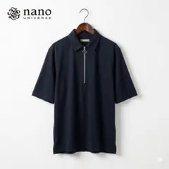 ナノユニバース レーヨン混 ハーフジップ半袖シャツ ネイビー M きれいめ 上品