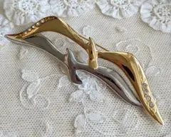 コンビカラー 羽にクリアビジュー エレガントな鳥 バード ブローチ 大ぶり