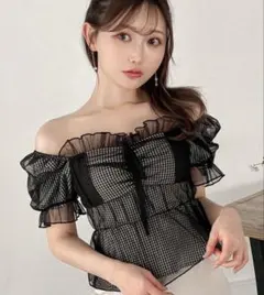 オフショルダー フリルブラウス メッシュブラウス アンチエイジング