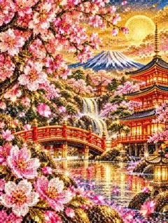 オリジナルデジタルアートプリント 富士山 桜 寺院 幻想的ポスターA4