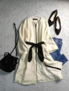 未使用 ザラ ツイード風 ウエストリボン付き ドルマン デザイン コート M