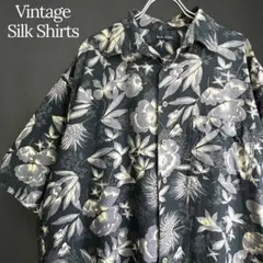 SILK ICON 総柄 シルクシャツ 半袖 黒 L 古着　ヴィンテージ