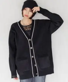 ページボーイ ライトモールストライプリブV カーディガン 黒